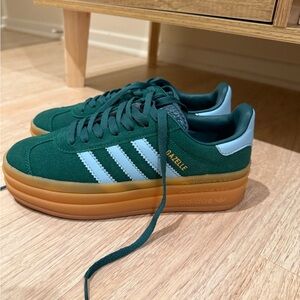 Adidas Platform Gazelle Dark Green Sneakers with Light Blue Stripes